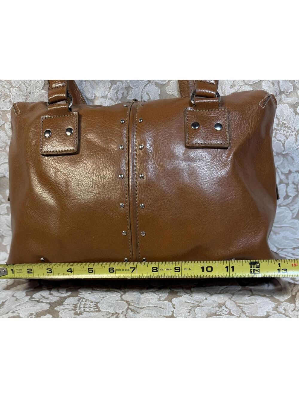 Brown Man Made Leather Handbag with Silver Stud Accents 10by12 in